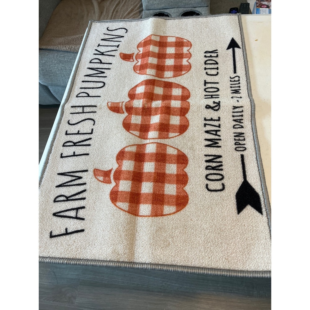 Farm Fresh Pumpkins Fall Floor Mat Orange Plaid Corn Maze Decor Rug 18x30